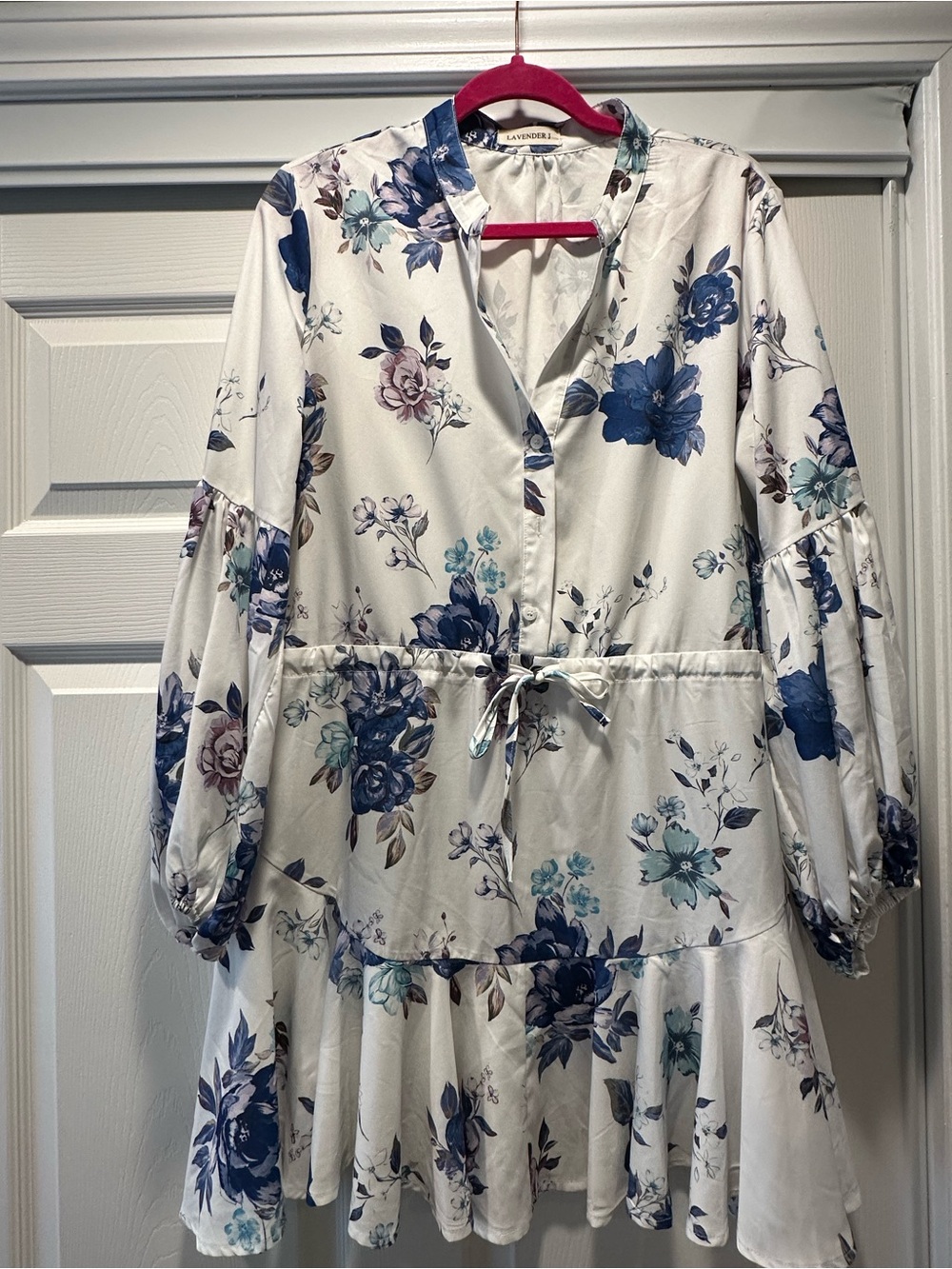 Lavender J Floral Drawstring Tunic Dress - White & Blue